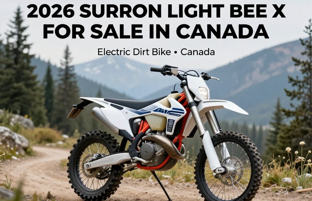 2025 Surron Ultra Bee electric dirt bike for sale in Canada on a scenic off-road trail