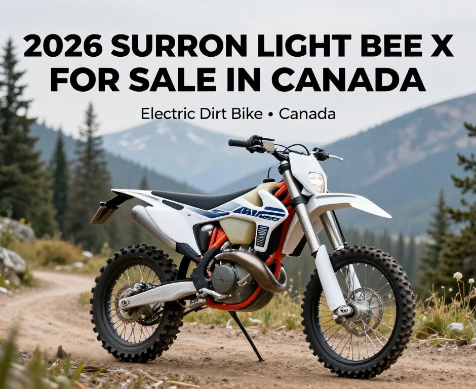 2025 Surron Ultra Bee electric dirt bike for sale in Canada on a scenic off-road trail
